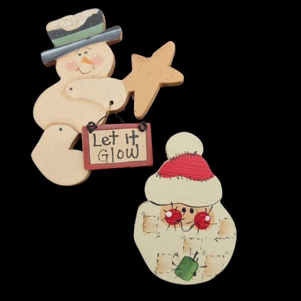 Vintage Snowman & Santa Wooden Brooches Set Of 2 Hand-painted Christmas NOTE